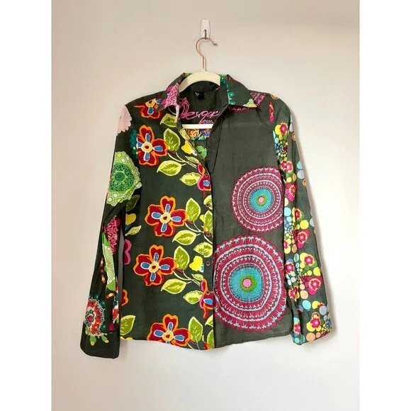 Desigual Women's Large Floral Artsy Button Down Blouse Multi Colored Embroidered - Picture 1 of 12